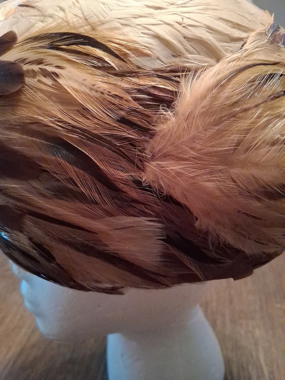 Large Feather Cloche Hat in Brown and Tan